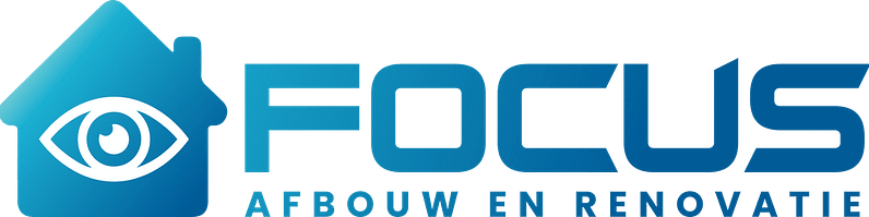 Focus Afbouw en Renovatie logo: Een blauw logo met een huis en een oog, dat vakmanschap, zorg en aandacht voor detail vertegenwoordigt.